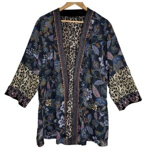 John Mark Reversible Leopard and Floral Velvet Embroidered Trim Kimono Small